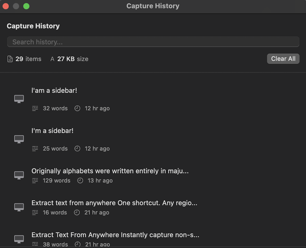 Capture history window showing saved clips